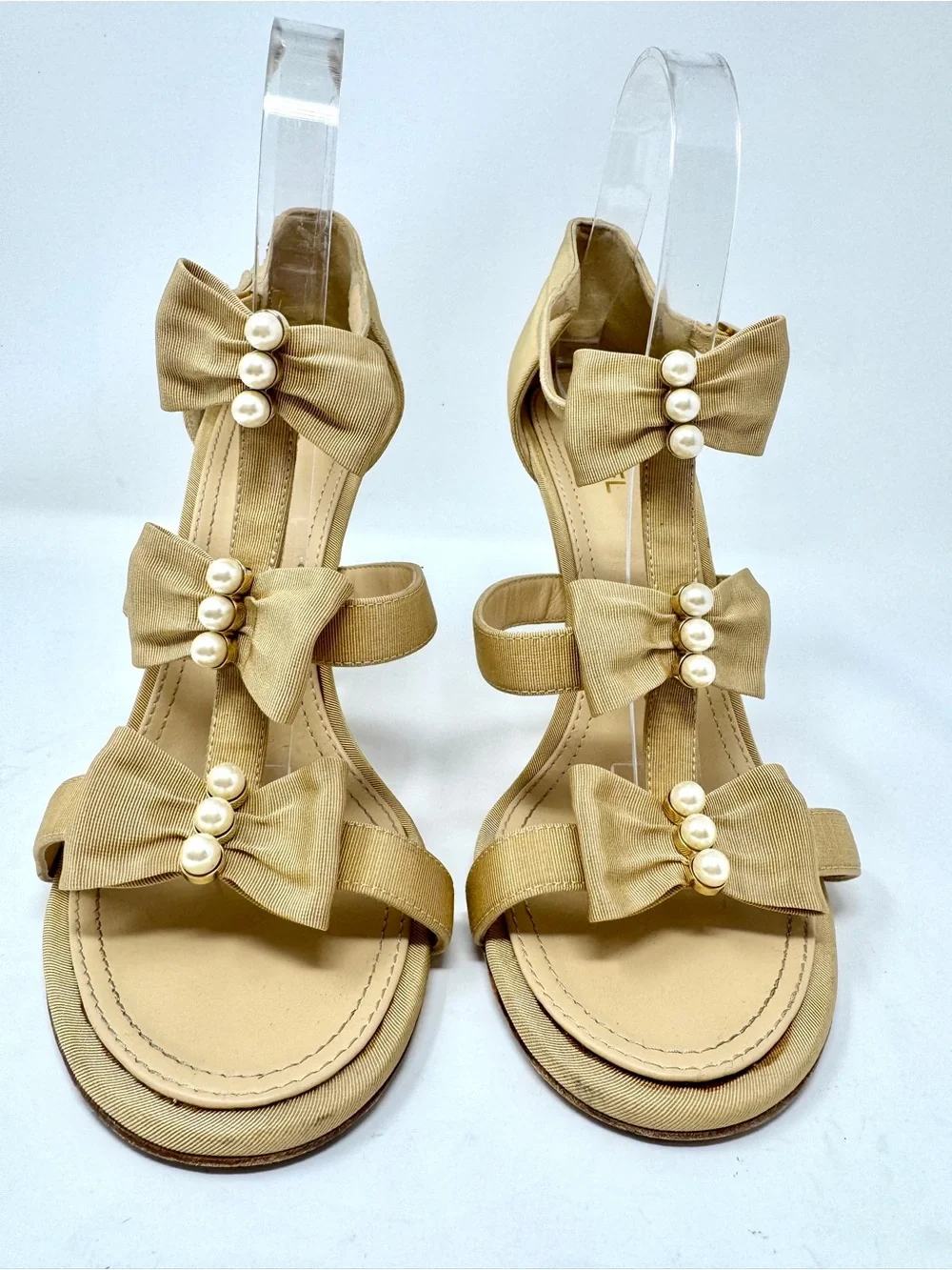 Chanel Beige Grosgrain Pearl Bow T-Strap Heels Size 40.5